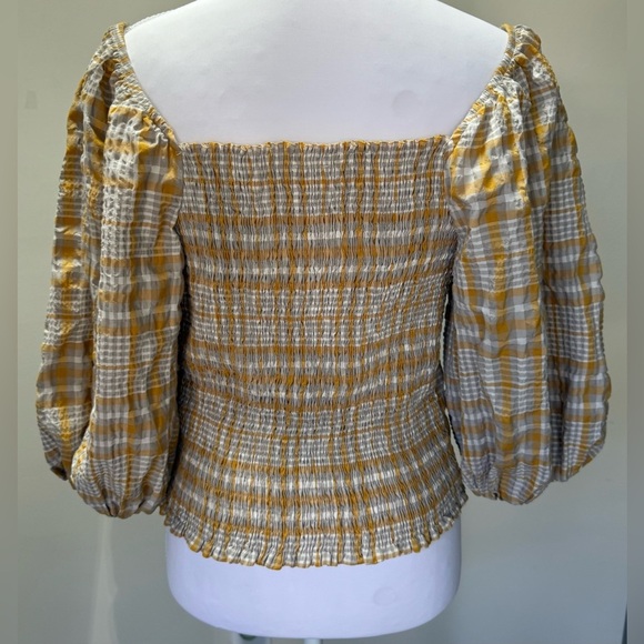 MAEVE ANTHROPOLOGIE PLAID SQUARE-NECK PUFF SLEEVE SMOCKED BLOUSE TOP SIZE: M - Picture 6 of 11